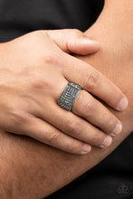 Cargar imagen en el visor de la galería, 3111 The front of a rectangular silver frame is encrusted in sections of hematite rhinestones, resulting in a smoldering centerpiece atop the finger. Features a stretchy band for a flexible fit.  Sold as one individual ring.
